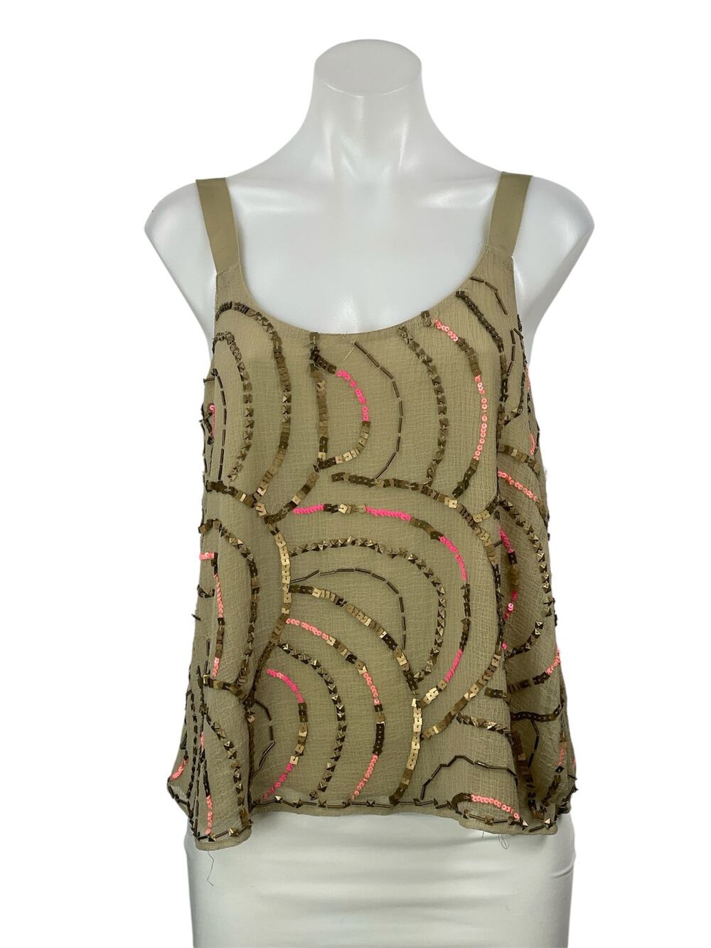 Free People Women's Olive Green Sequin Sleeveless Scoop Strappy Tank Top Size M